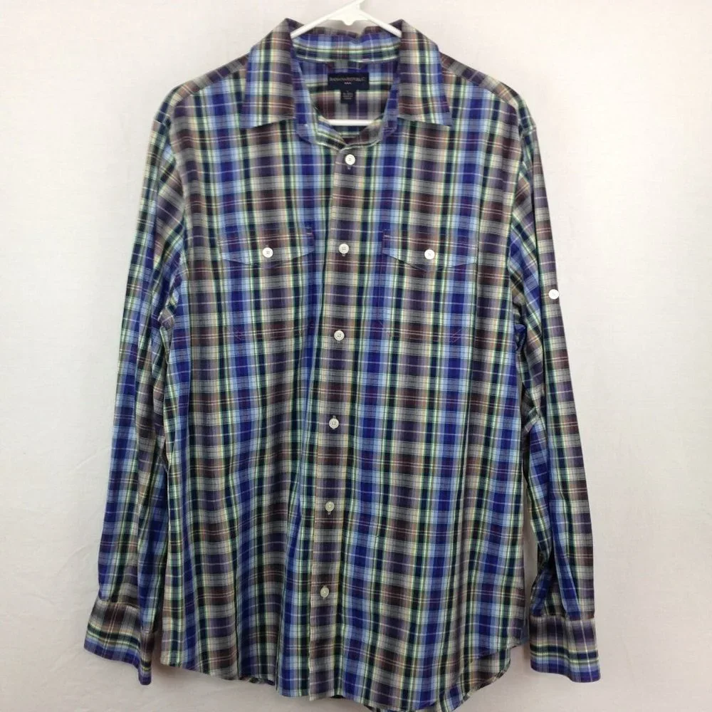 Banana Republic‎ Shirt Mens L Blue Purple Plaid Long Sleeve Button Front Cotton